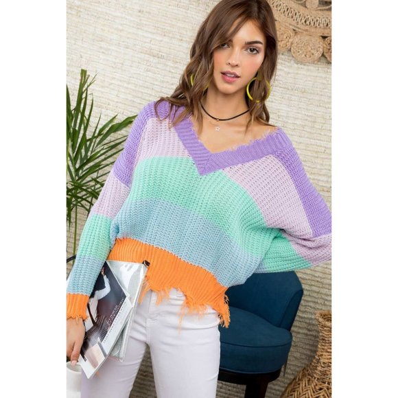 Main Strip Color Block Distressed Sweater - Picture 5 of 5